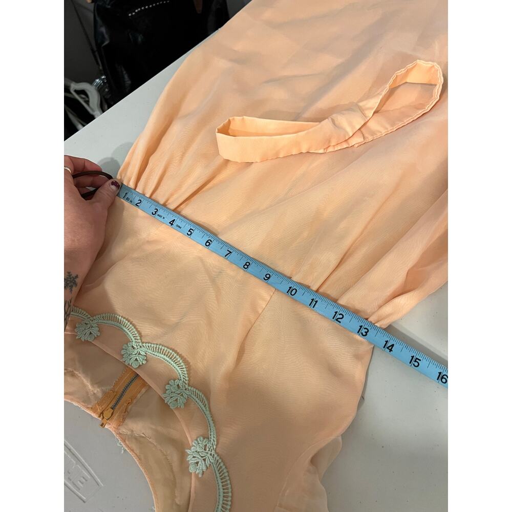 Vintage 60s Peach Green Floral Trim Princess Puffed Long Sleeve Dress Size Small - Picture 11 of 15